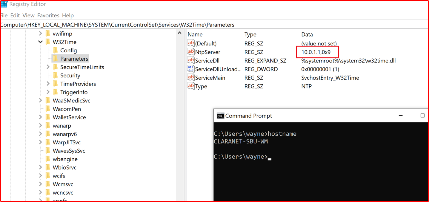 スクリーンショットは、スコープ内のシステム コンポーネントである 、NTP が WatchGuard Firewall (10.0.1.1) であるプライマリ サーバーを指すように構成されていることを示しています。