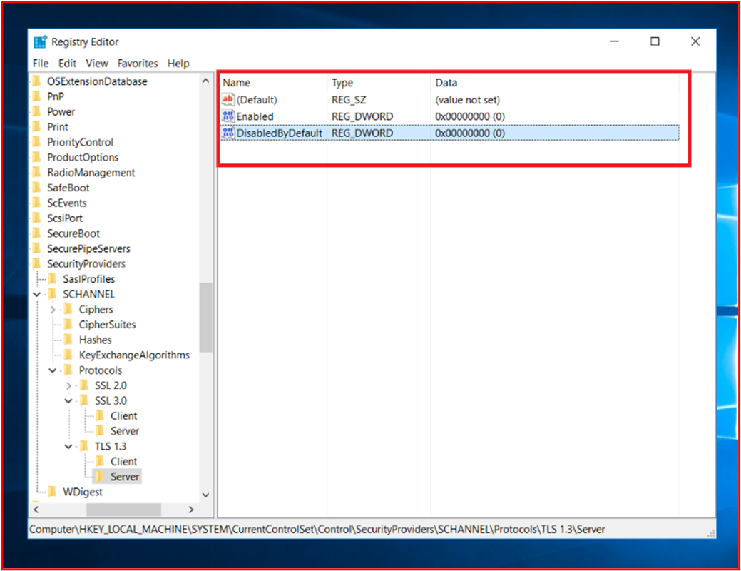 スクリーンショットは、TLS V1.3 がサーバーでのみ有効になっていることを示しています