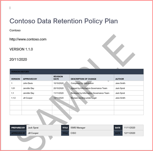 Contoso のデータ保持ポリシーを示す下のスクリーンショット1