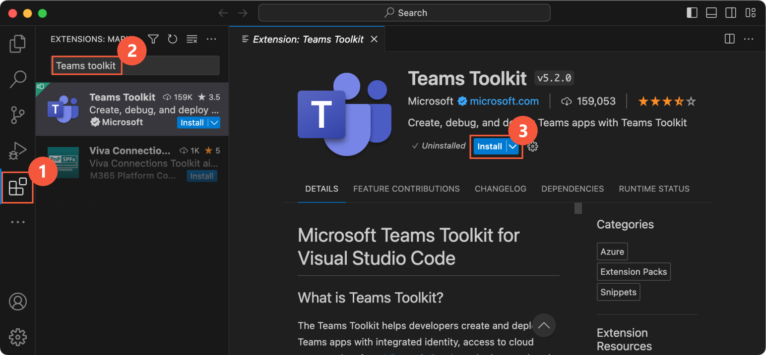 Teams Toolkit 拡張機能をインストールする方法を示す VS Code のスクリーンショット
