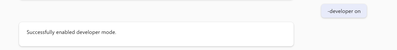 開発者モードを正常に有効にするためにユーザーが '-developer on' と入力した 'M365 Chat' セッションのスクリーンショット