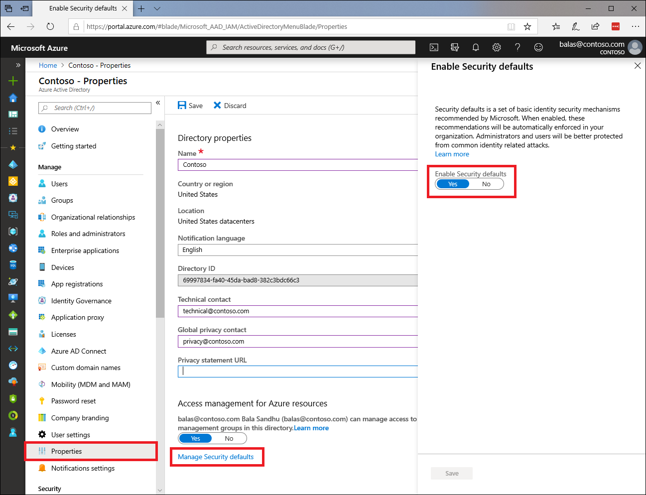 セキュリティの既定値を有効にするトグルを使用したAzure portalのスクリーンショット。