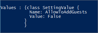 ゲスト グループのアクセスが False に設定されていることを示す PowerShell ウィンドウのスクリーンショット。