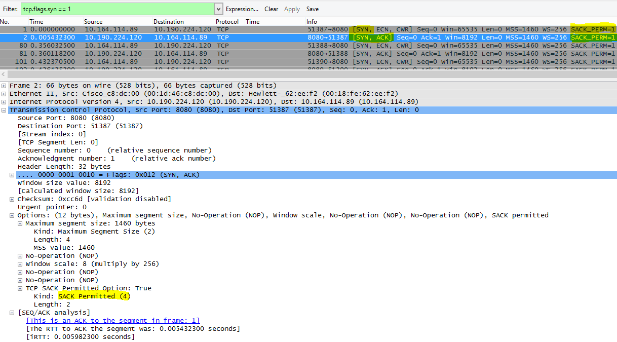 Wireshark に表示されるとおり、tcp.flags.syn == 1 でフィルター処理された SACK。