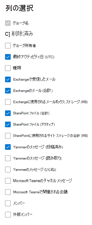 Office 365 グループ アクティビティ レポート - 列を選択します。