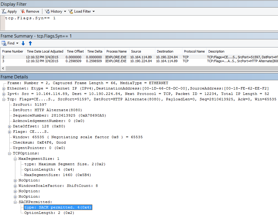 tcp.flags.syn == 1 の結果としての Netmon の選択的受信確認 (SACK)。