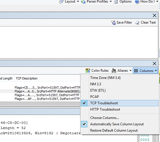 TCP トラブルシューティング オプション (フレームの概要の最上部) の [列] ドロップダウンの場所。
