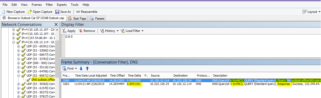 DNS でフィルター処理された Outlook Online 読み込みの Netmon トレースと、会話の検索と DNS を使用して結果を絞り込みます。