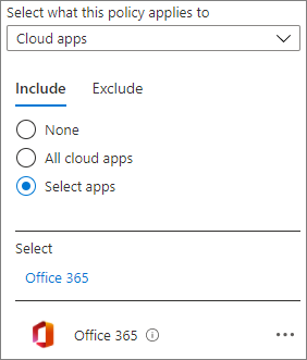 Microsoft Entra 条件付きアクセス ポリシーの Office 365 クラウド アプリのスクリーンショット。