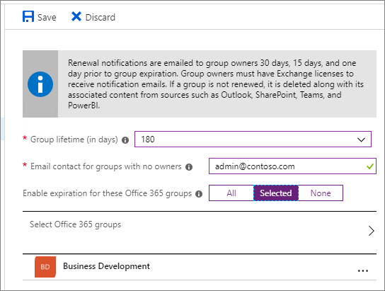 Microsoft Entra ID のグループの有効期限設定のスクリーンショット。