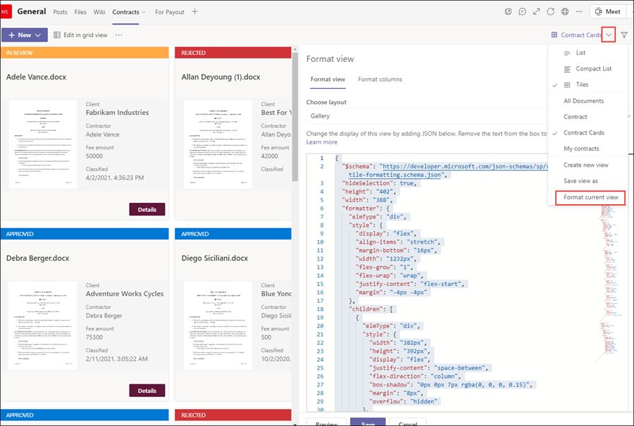 Teams チャネルの json 形式のスクリーンショット。