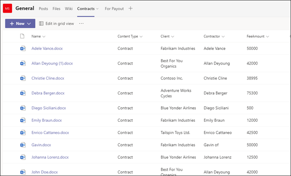 SharePoint ライブラリのリスト ビュー。