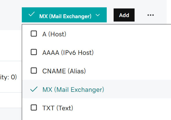 MX レコードが選択されていることを示すドロップダウン メニュー。