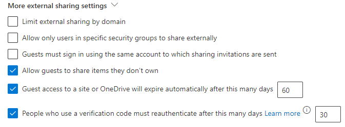 SharePoint における組織レベルの追加共有設定のスクリーンショット