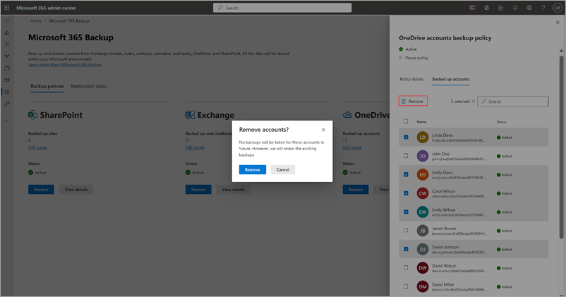 Microsoft 365 管理センターで OneDrive バックアップ ポリシーからユーザー アカウントを削除する方法を示すスクリーンショット。