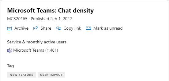 スクリーンショット: メッセージ センター投稿の [Microsoft Teams チャット密度] ページと月間アクティブ ユーザー データを示す