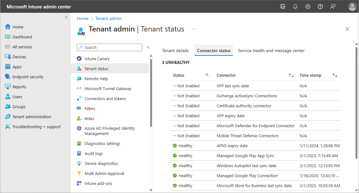 Intune のコネクタの状態