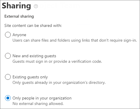 [組織内のユーザーのみ] に設定された SharePoint サイトレベルの共有設定のスクリーンショット。
