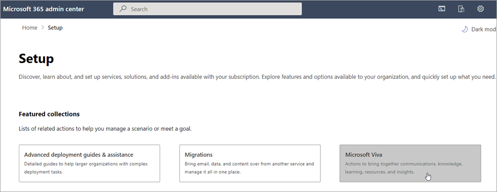 Microsoft Viva セットアップ カードのスクリーンショット。