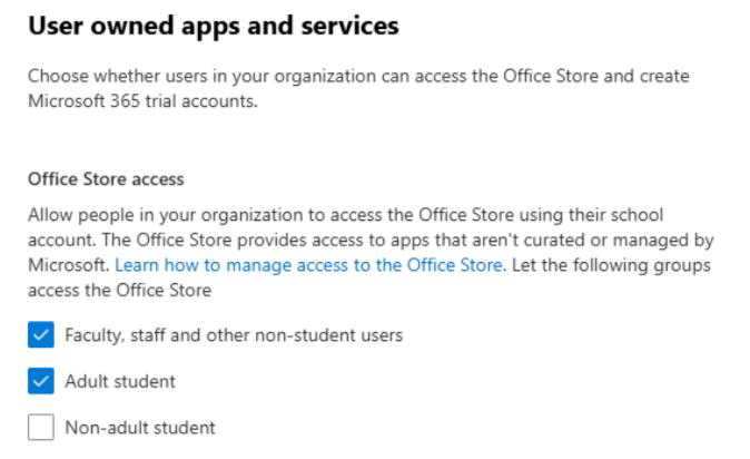 ユーザーが EDU の Office ストア設定にアクセスできるようにする