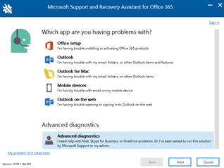 [Microsoft サポートと回復アシスタント] ページのスクリーンショット。
