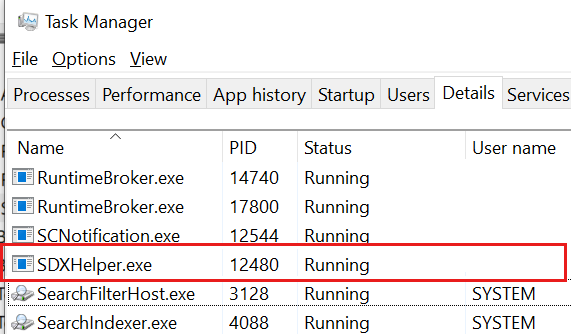 タスク マネージャーの SDXHelper.exe プロセスを示すスクリーンショット。