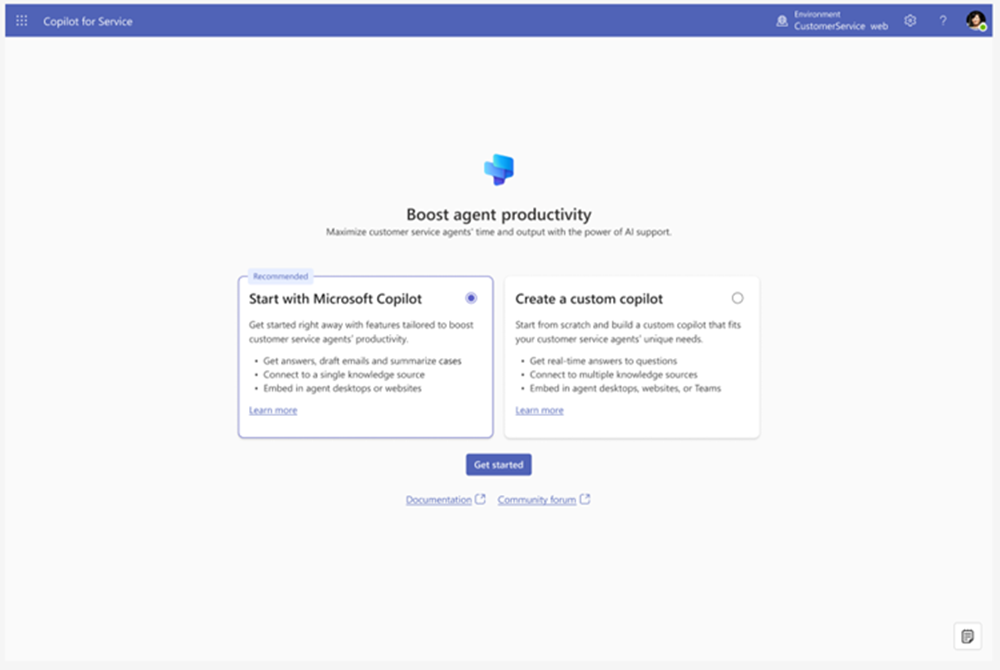 Copilot for Service の開始オプションを示すスクリーンショット。