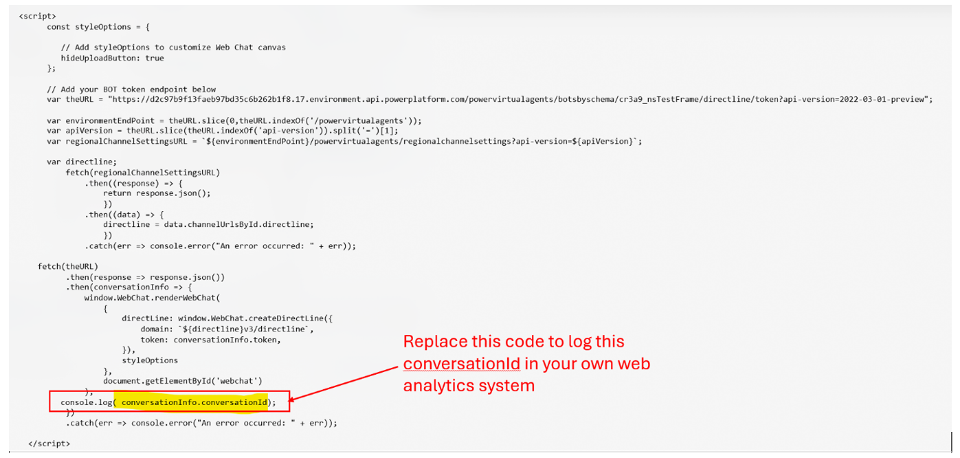 conversationInfo.conversationId を参照する console.log パラメーターを強調表示した JavaScript コードのスクリーンショット。