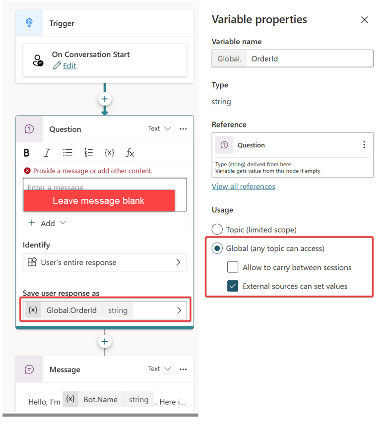 Copilot Studio の変数の統合を示す変数のプロパティ ダイアログのスクリーンショット。