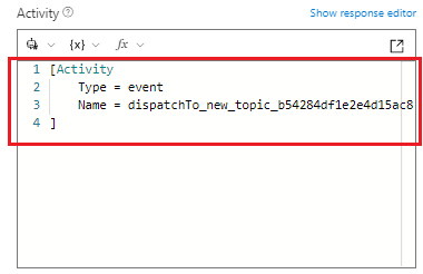 Microsoft Copilot Studio トピック名のある活動イベント コードを追加する場所を強調表示したスクリーンショット。