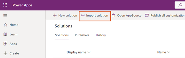 ソリューションのインポート ボタンが強調表示された Power Apps ソリューション ページのスクリーンショット。