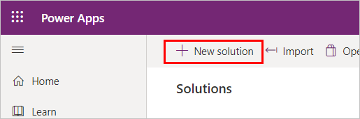 新しいソリューション ボタンが強調表示された Power Apps ソリューション ページのスクリーンショット。