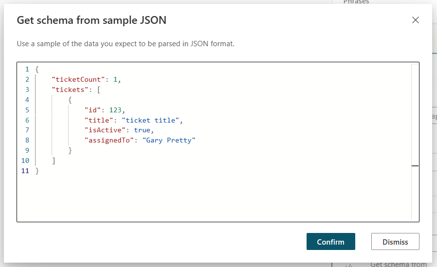 サンプル JSON エディターからのスキーマの取得のスクリーンショット。