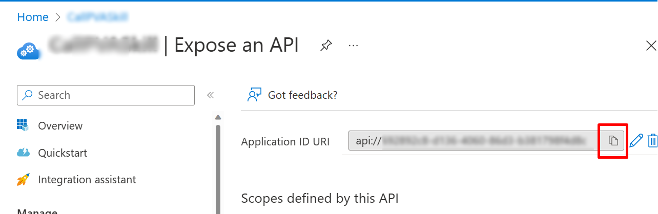 Azure portal でアプリケーション ID URI を見つける場所のスクリーンショット。