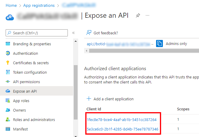 Microsoft Teams クライアント ID が正しくリストされている [API を公開する] ページのスクリーンショット。