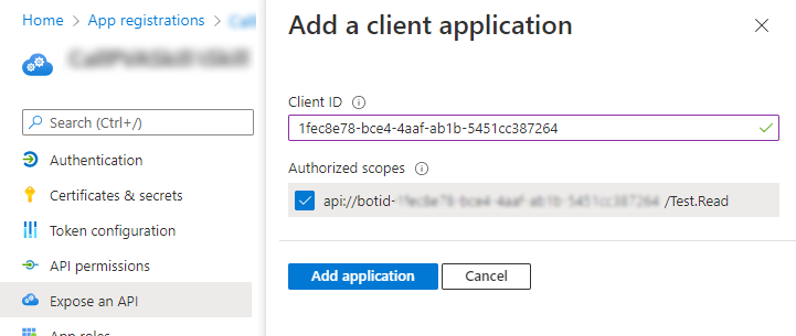 [クライアント アプリケーションの追加] ウィンドウに入力されたクライアント ID のスクリーンショット。