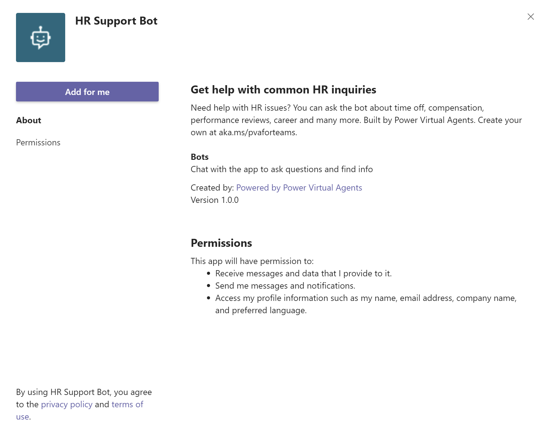  Teams に HR サポート Copilot を追加するオプションを示すスクリーンショット。