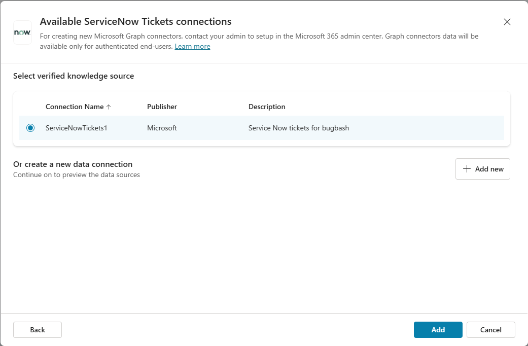 利用可能な ServiceNow ナレッジ ソース接続ダイアログのスクリーンショット。