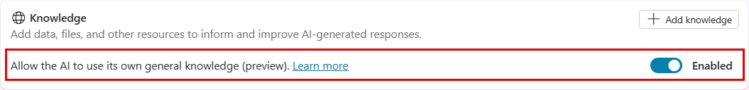 AI が独自の全般ナレッジを使用できるようにする設定が有効になっている、ナレッジ セクションを強調表示した概要ページのスクリーンショット。