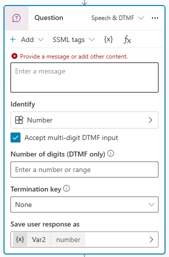 質問ノードに表示される桁数 (DTMF のみ) オプションのスクリーンショット。