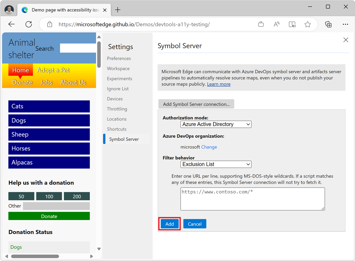 DevTools の [シンボル サーバー] 設定画面に、[追加] ボタンが表示され、新しい接続が作成されます