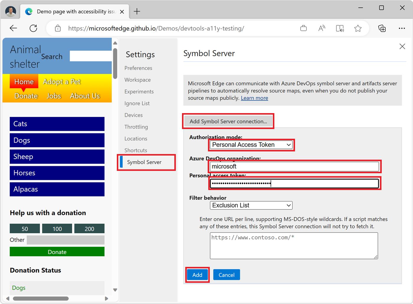 DevTools 設定のシンボル サーバー構成画面。新しい PAT 接続の作成に必要なフィールドが表示されます