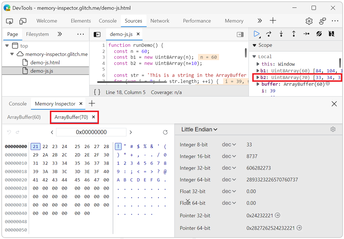 [メモリ インスペクター] パネルで 2 つの ArrayBuffer タブが開く