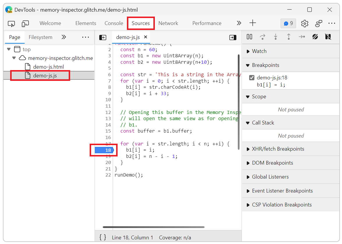 JavaScript ファイルでメモリ インスペクターのブレークポイントを設定する