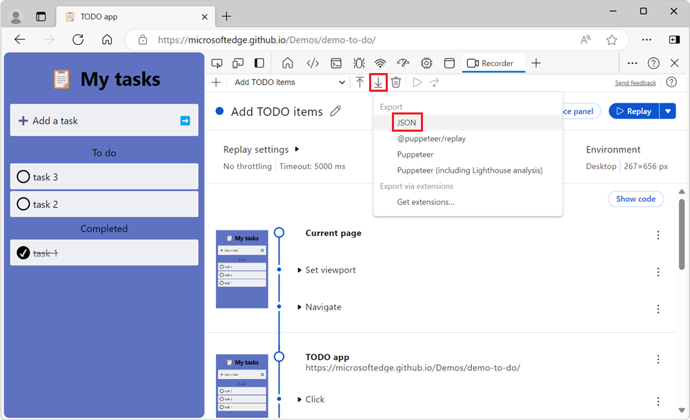 [エクスポート] ボタンドロップダウン メニューと [JSON] オプション