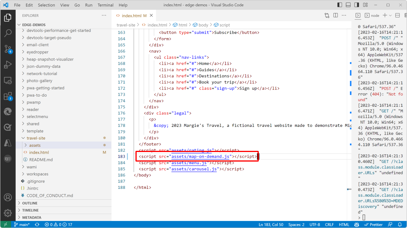index.html コードと新しいオンデマンド マップ スクリプト タグを示す Visual Studio Code