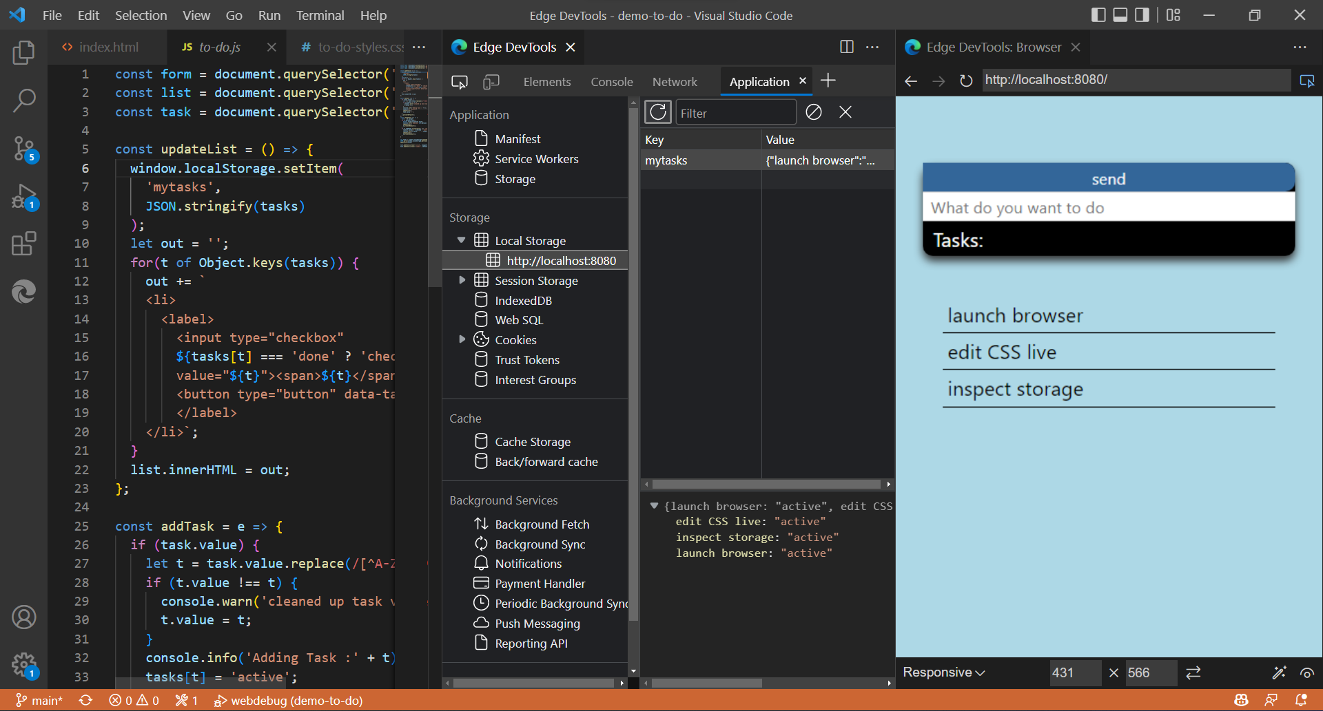 Visual Studio Code 内の [Edge DevTools] タブのアプリケーション ツール