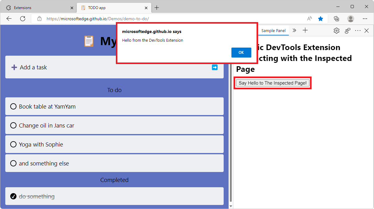 Microsoft Edge で、DevTools の新しい拡張機能パネルが横に表示され、アラート ダイアログ ウィンドウが表示されます