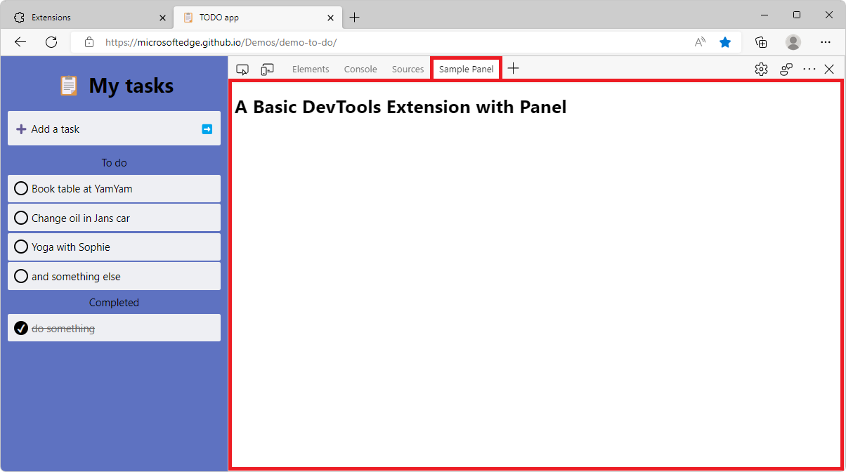 Microsoft Edge で、DevTools が横に表示され、新しい拡張機能パネルが表示されます