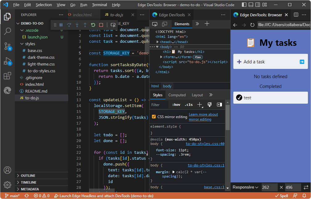 [検査] ボタンをクリックすると、Visual Studio Code 内で Microsoft Edge DevTools が開きます